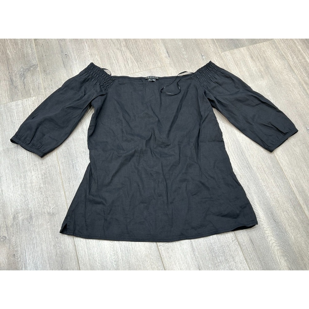 Theory Tunic Top Womens Petite Small Black Linen Blend Off Shoulder Basic Staple